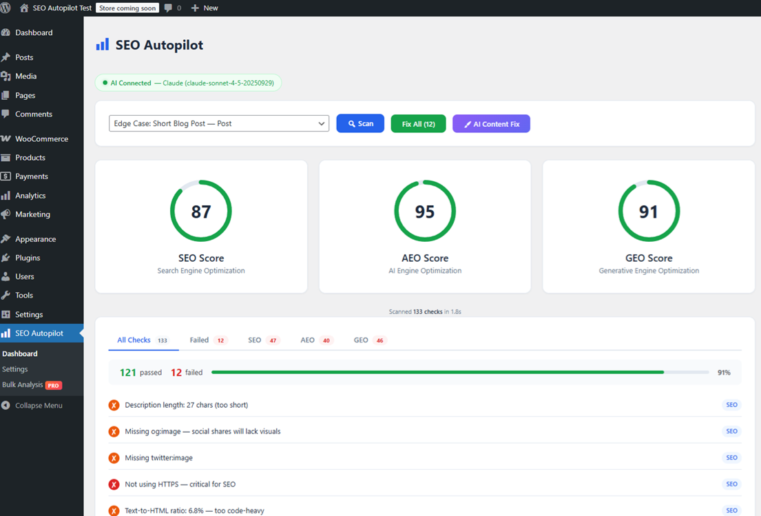 SEO Autopilot WordPress Kontrol Paneli, SEO Puani 87, AEO Puani 95 ve GEO Puani 91 ile tarama, duzeltme ve yapay zeka icerik butonlari gosteriliyor