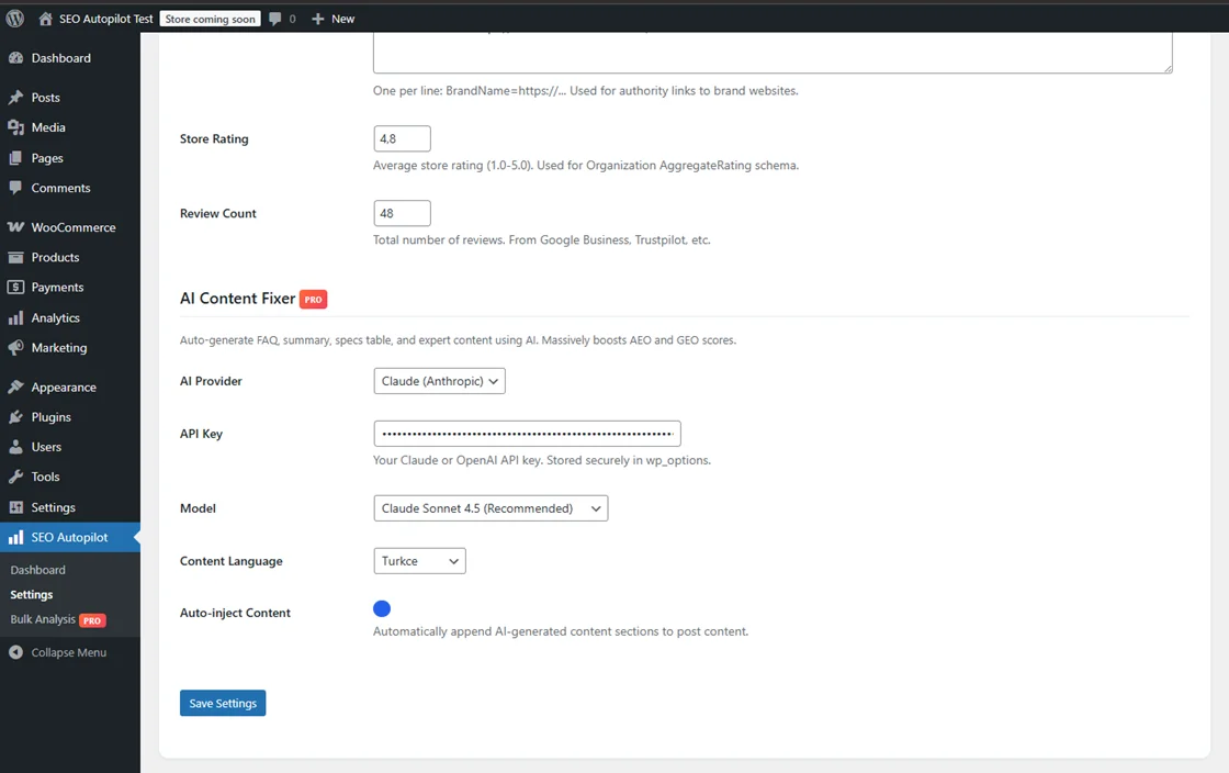 SEO Autopilot AI Content Fixer settings with Claude API key, model selection, and content language
